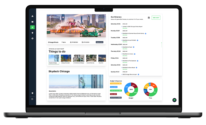 PREPADE trip itinerary view with a day-by-day schedule, recommended activities and budget breakdown