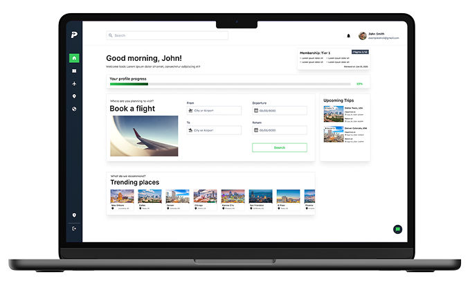 PREPADE desktop dashboard showing flight booking, membership progress, upcoming trips and trending destinations